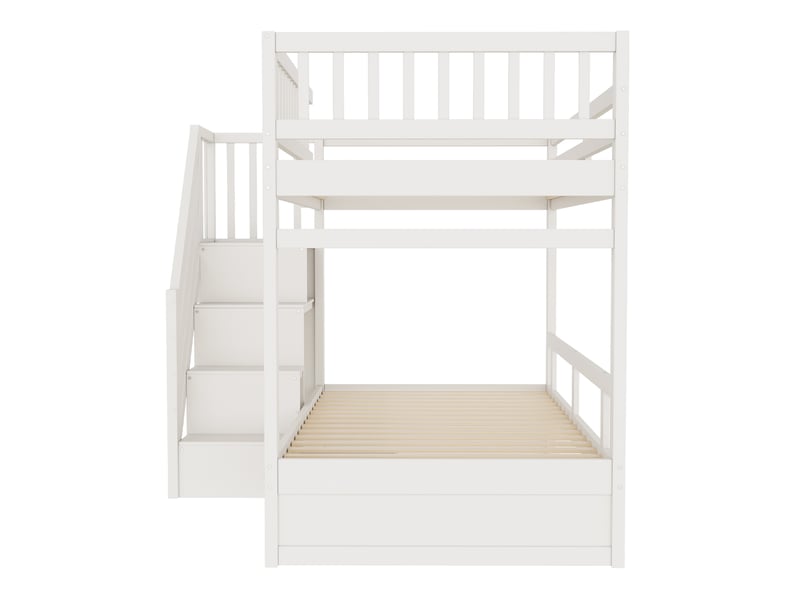  Lit superposé 90x200 cm, blanc, bois, doté de garde-corps haut, échelle de rangement et tiroirs, sans matelas  - Conforama E
