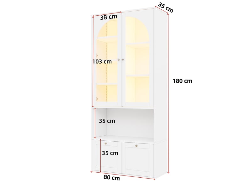  Vitrine led 80 x 35 x 180 cm, portes vitrées cintrées, tiroirs, bibliothèque et grand rangement pour collections et salon, moderne, blanc ABC - Conforama C
