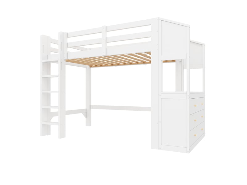  Lit mezzanine 90x200 cm avec 6 tiroirs et étagères, éclairage led réglable, en pin et mdf, blanc  - Conforama W