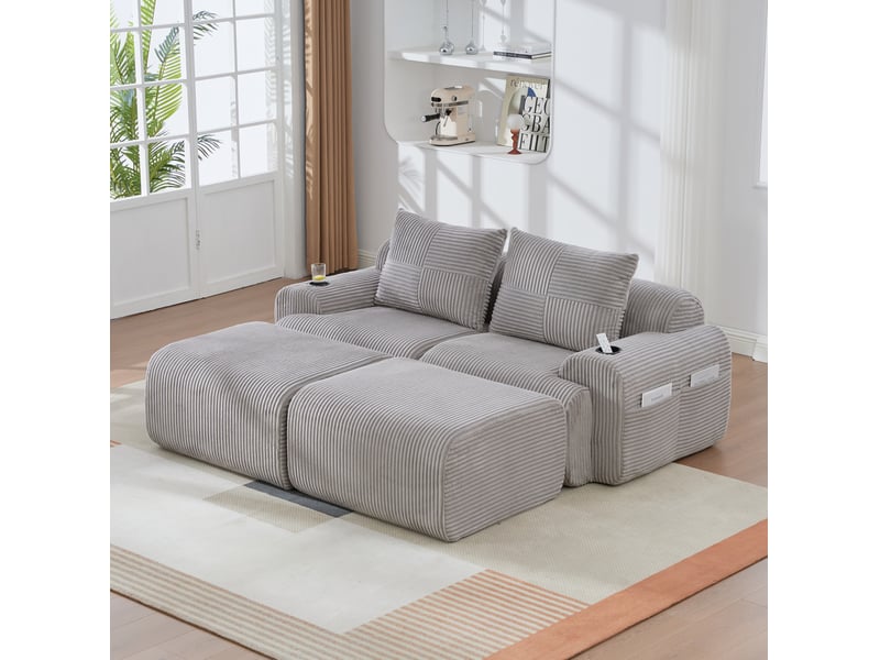  Canapé modulaire 2 places 200x174x80 cm, velours côtelé gris clair, 2 poufs, porte-gobelet incorporé, poche latérale  - Conforama B