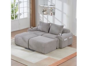Canapé modulaire 2 places 200x174x80 cm, velours côtelé gris clair, 2 poufs, porte-gobelet incorporé, poche latérale