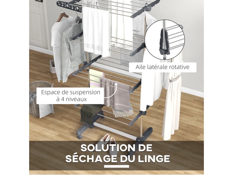 Séchoir à linge étendoir pliable ailes latérales utilisation intérieure et extérieure 142 x 55 x 172 cm 4 niveaux gris  - Conforama E