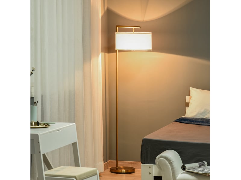  Lampe sur pied e27 socle lampe de sol pour salon chambre bureau, métal acier toile or blanc 47x37x153 cm  - Conforama B