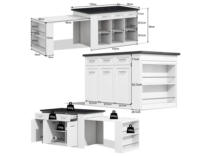  Îlot central de cuisine 150x90cm - avec table extensible 96cm, plan effet marbre noirblanc &amp; rangements - blanc  - Conforama E