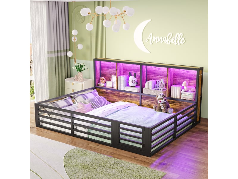  Lit jeune 140x200 cm, led, rangement latéral, barrières sécurité, sommier, métal + mdf, noir, sans matelas  - Conforama B