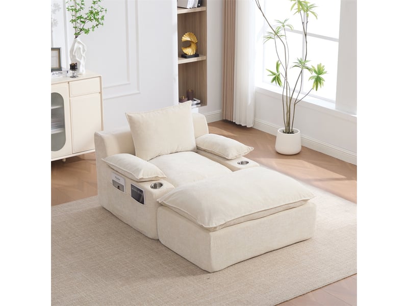  Fauteuil relax avec pouf - 113x93x81cm - chaise longue sous vide sans montage chenille porte gobelet salon balcon - beige  - Conforama D