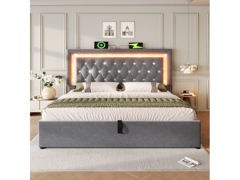  Lit coffre 160x200 cm, design moderne, avec bande led, station de charge usb et type-c, métal, gris, matelas inclus  - Conforama D
