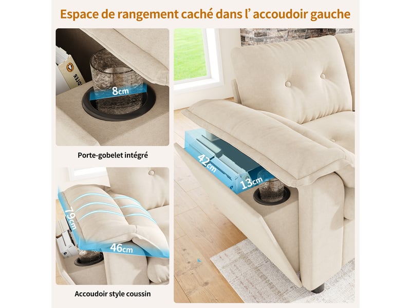  Canapé panoramique en u modulable 6 places avec coffres, usb, led et porte-gobelets en chenille beige  - Conforama E