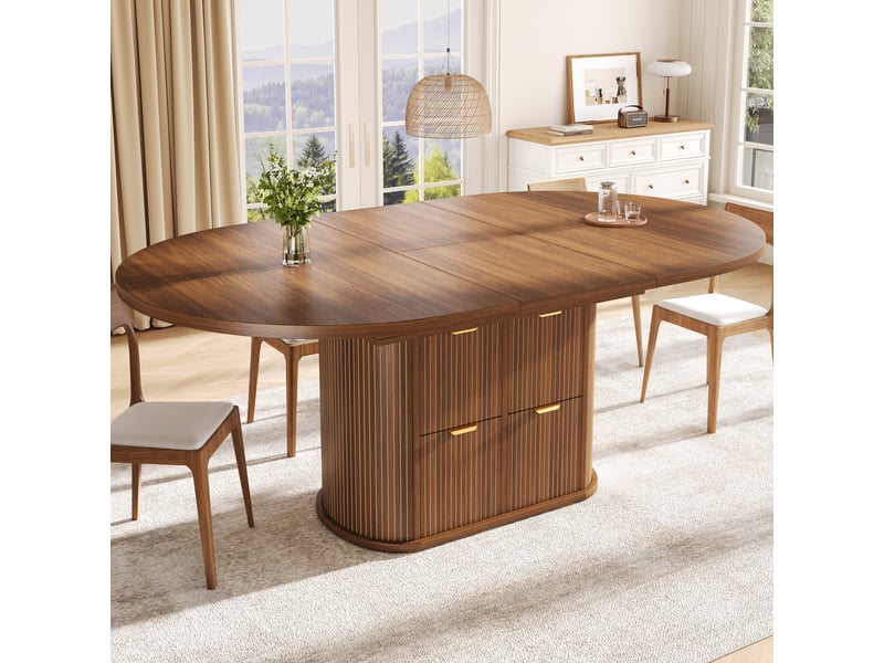 Table de salle à manger ovale extensible 118158x118x76,8 cm pour 4 à 6 personnes, rangements rabattables, rayures en relief - marron foncé - Conforama B