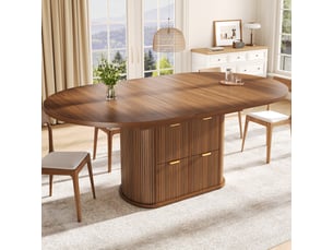 Table de salle à manger ovale extensible 118158x118x76,8 cm pour 4 à 6 personnes, rangements rabattables, rayures en relief - marron foncé