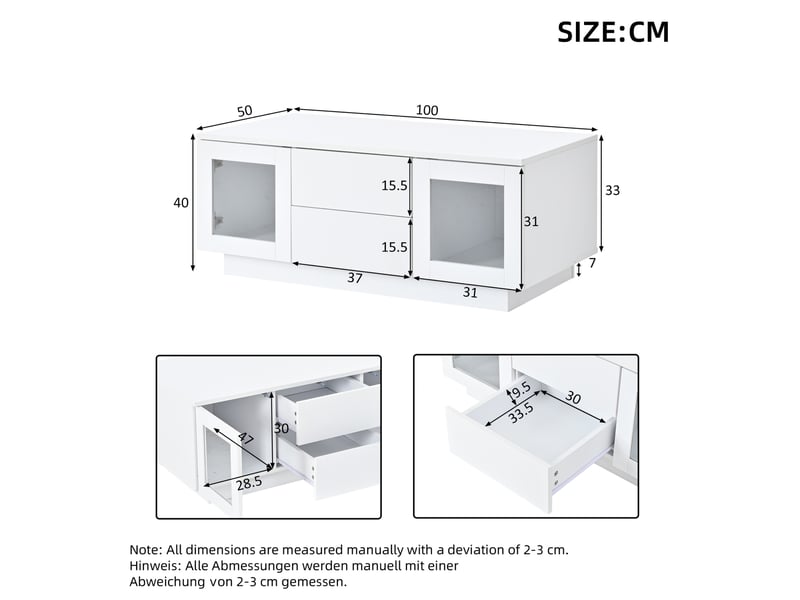  Table basse tcqpz 100 x 50 x 40 cm avec rangement led rgb contrôle par application mdf blanc brillant  - Conforama C