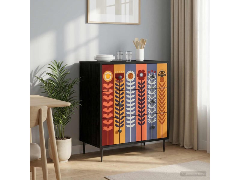  Commode chambre, meuble de rangement essen imprimé tournesol 66 x 36,5 x 76 cm chêne noir  - Conforama B