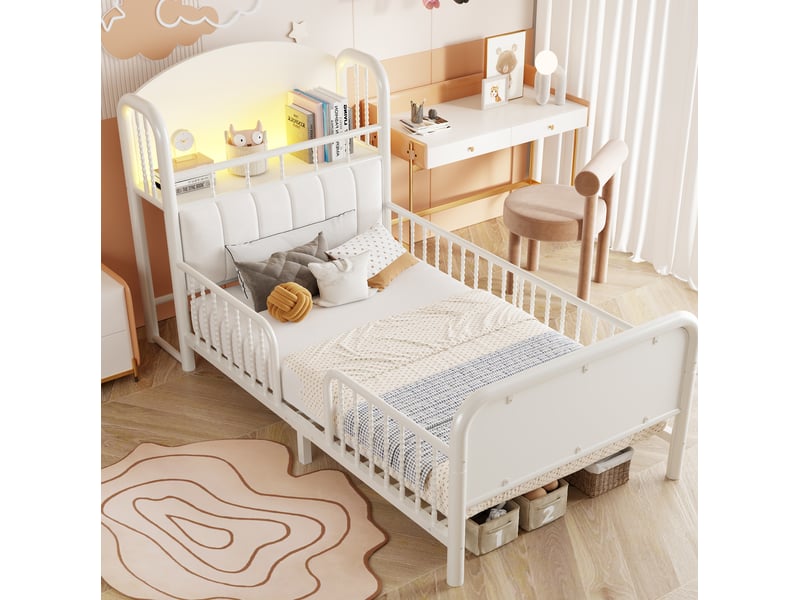  Lit simple enfant 90x200 cm métal blanc, barrières de sécurité, tête de lit rangement et éclairage led  - Conforama B
