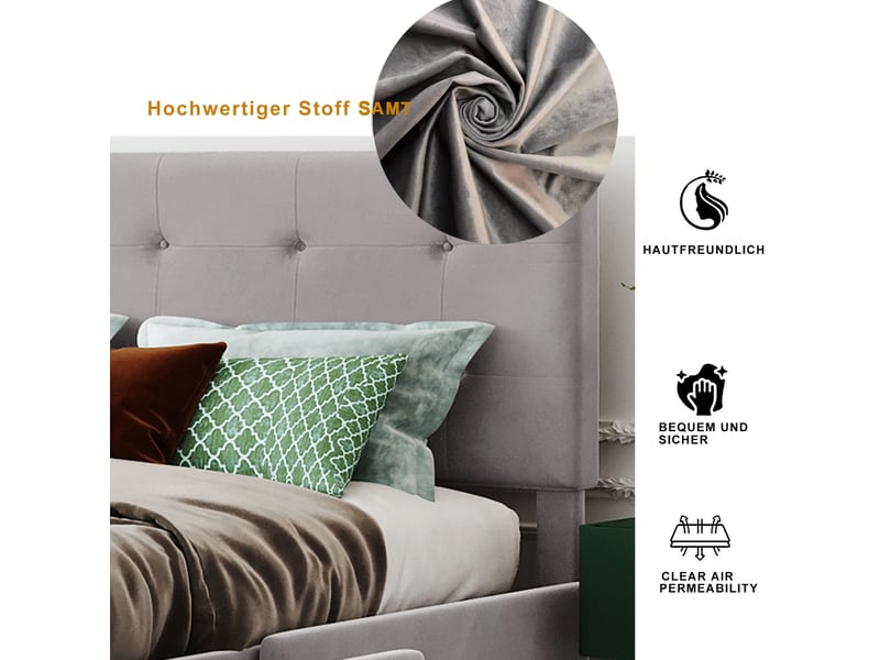  Lit double 140 x 200 cm gris en velours, tiroirs de rangement, lattes et dossier confortable, sans matelas  - Conforama E