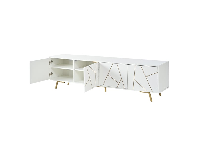  Meuble tv 190x40x51.5 cm, buffet de salon pour téléviseur jusqu'à 85 pouces, meuble bas de rangement à 4 portes et 5 pieds, blanc et doré  - Conforama D