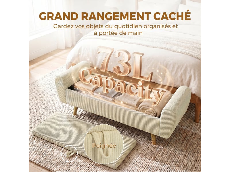  Banc de rangement 73 l, beige, coffre de rangement rembourré en velours côtelé avec accoudoirs et pieds en bois d'hévéa  - Conforama E