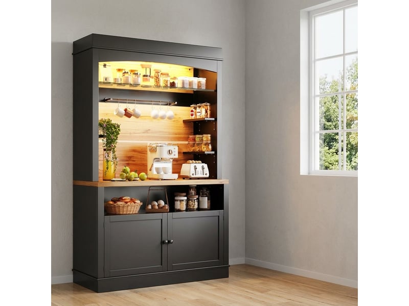  Buffet de cuisine haut noir 107x43x184 cm avec led et étagère ouverte  - Conforama D