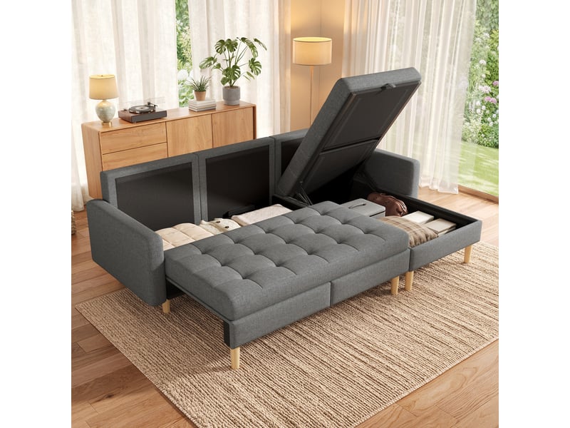 Canapé d'angle, canapé convertible, 3 places, en tissu, gris, 212x130x86 cm, mobilier pour espace de vie, pour salon - Conforama R