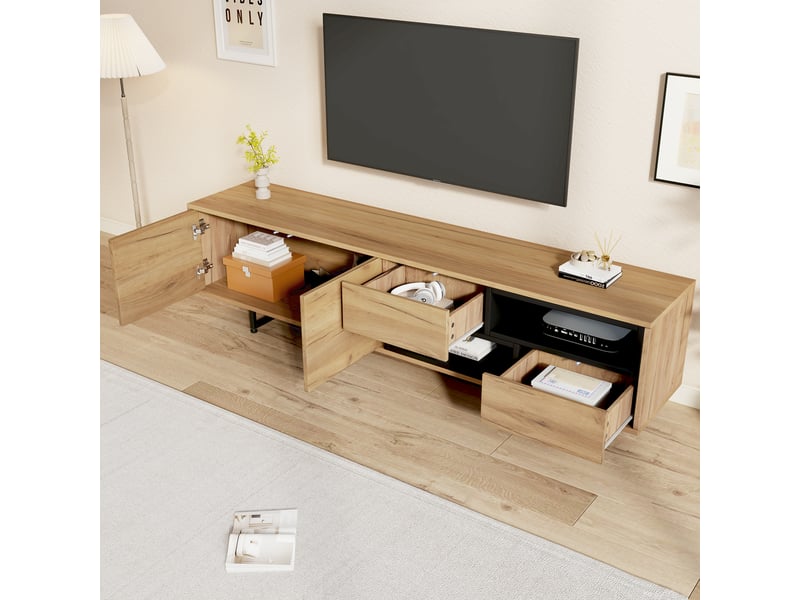  Meuble tv 173 cm pour tv jusqu'à 70 pouces avec rangements ouverts et tiroirs couleur bois  - Conforama D