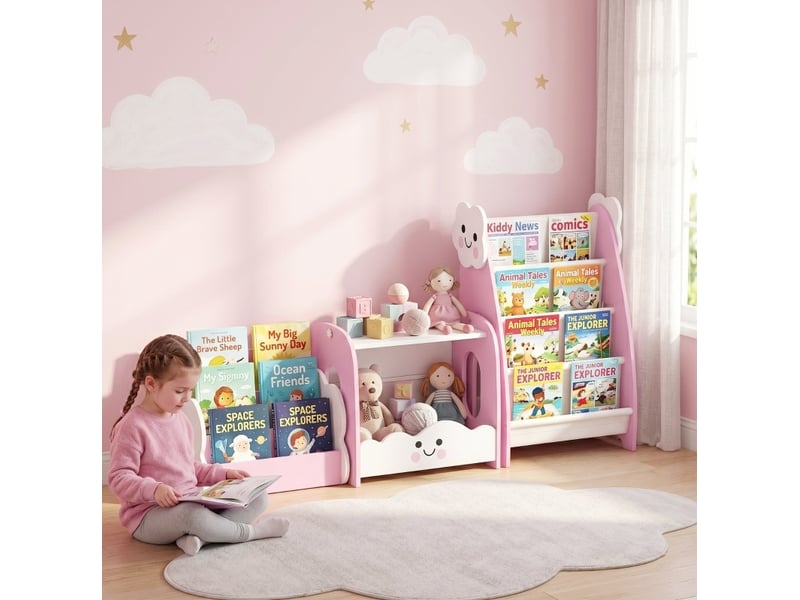  Bibliothèque enfant 3 en 1 85,5 x 32 x 72 cm rose et blanche en mdf, rangement pour livres et jouets  - Conforama D