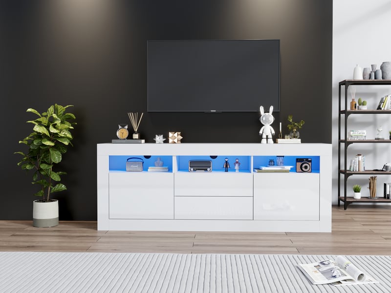  Meuble tv haute 160x35x60 cm avec éclairage led, 2 portes, 3 compartiments ouverts, 2 tiroirs, commande par application intelligente  - Conforama R