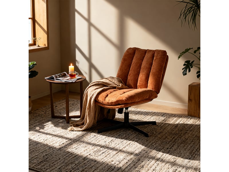 Fauteuil salon pivotant sur 360°, réglable en hauteur, sans accoudoirs, en tissu chenille, rouge - Conforama W