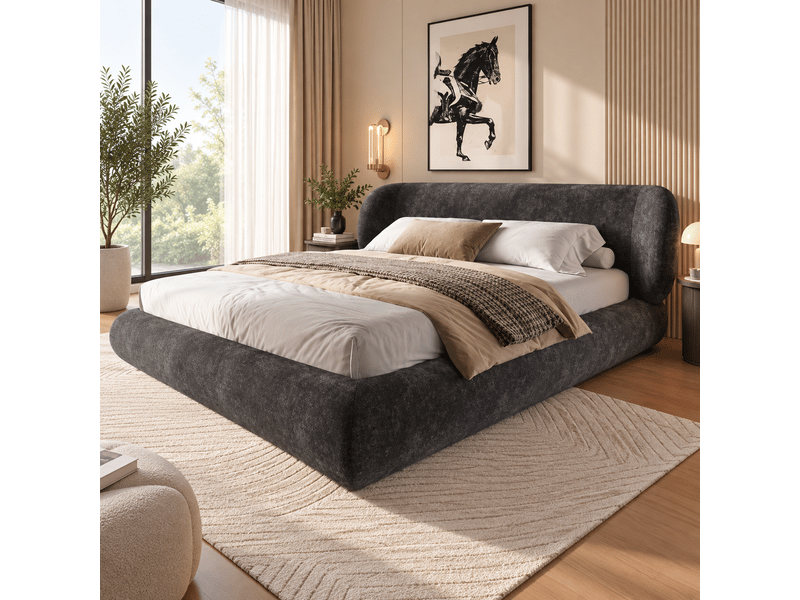 Lit rembourré 140 x 200 cm, lit double avec sommier à lattes, tête de lit, coins arrondis, mousse haute élasticité, cadre en bois, chenille, gris Bliss Lite - Conforama E