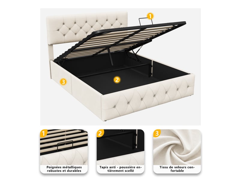  Lit coffre 160x200cm - lit double 160x200 - rembourré en velours avec tête de lit capitonnée et vérins - beige  - Conforama D
