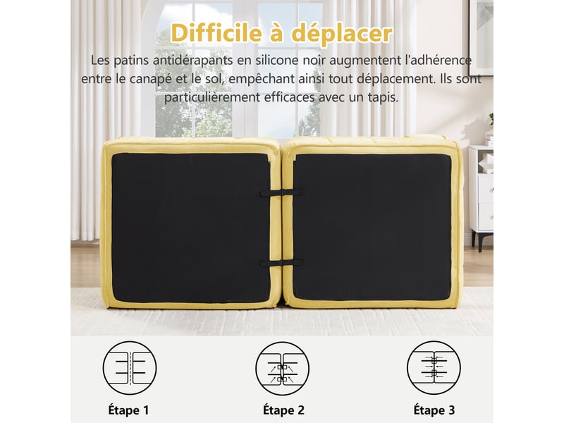 Canapé modulable droit 2 places en polyester jaune, 198 x 93 x 67 cm, sans montage, mousse haute densité 32d, assise profonde, livré compressé Luxe haut de gamme - Conforama E