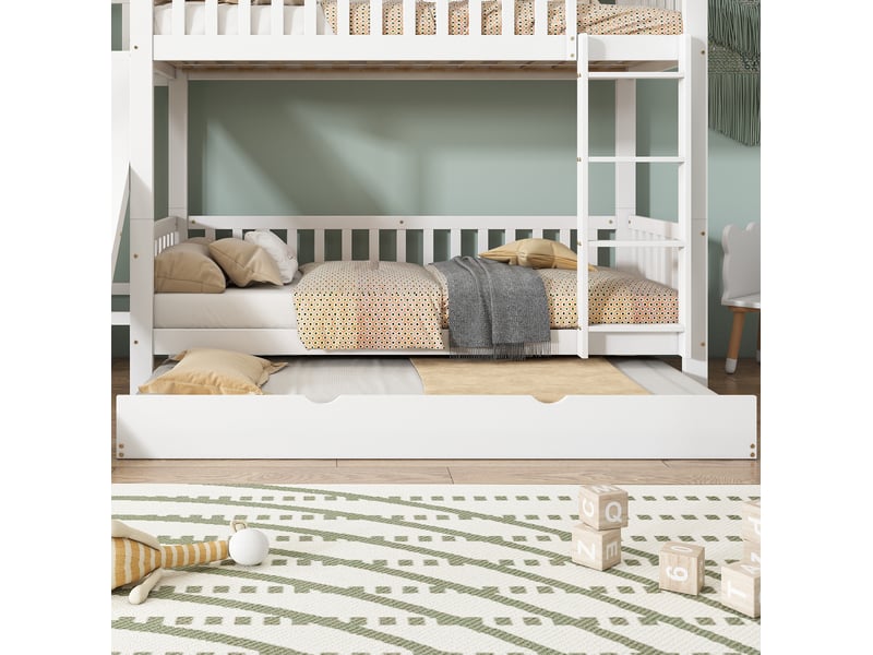 Lit superposé enfant 90x200 cm – blanc – lit gigogne 90x190, toboggan et échelle 4 marches - sans matelas - Conforama B
