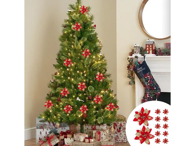  Poinsettias - fleurs artificielles noël - décor festif porte arbre table - 12 pièces - rouge - 14,5 x 14,5 cm - plastique  - Conforama B