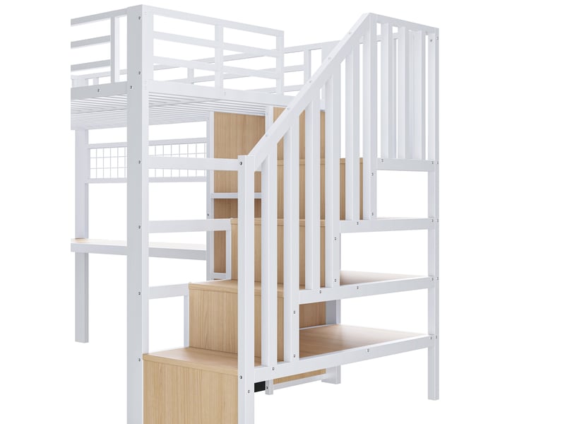  Lit mezzanine enfant,90x200 cm,avec bureau, led et 4 tiroirs,métal et mdf,blanc  - Conforama E
