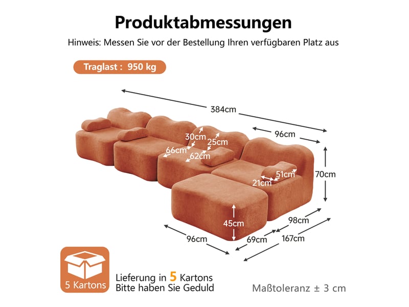  Canapé d'angle modulaire 4 places en velours orange avec pouf, forme ondulée et mousse 32d haute densité  - Conforama C