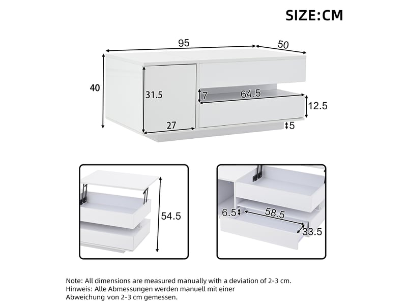  Table basse relevable avec 1 tiroir, 1 porte et led, rangement caché, pour salon, 90 × 50 × 34,5 cm, blanc  - Conforama D