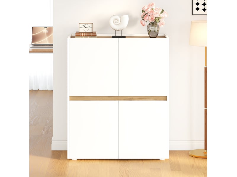  Armoire de rangement 4 portes 90x40x110 cm en panneaux de particules, blanc et chêne  - Conforama W