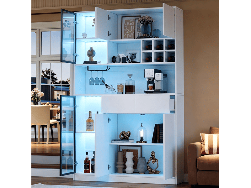  Vitrine haute 120x33x200 cm 6 portes 2 tiroirs led panneau de particules blanc  - Conforama B