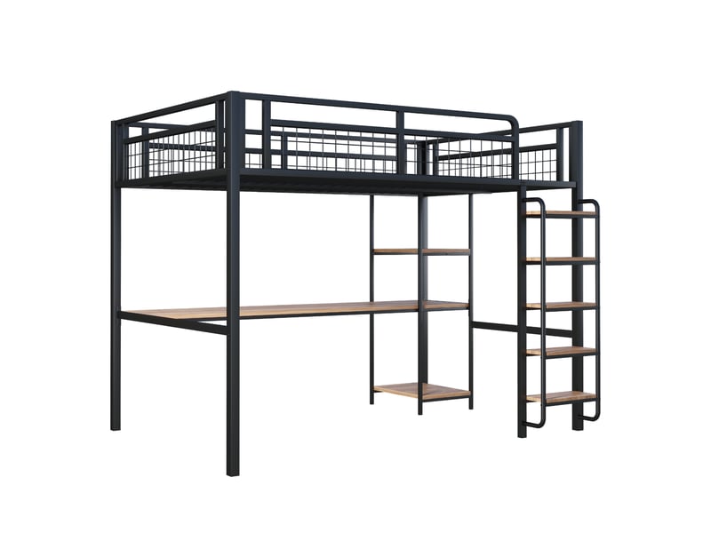  Lit mezzanine enfant 140x200 cm avec table, étagère, garde-corps, escalier, sommier, métal noir, sans matelas  - Conforama D