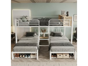 Lit superposé 3 places métal blanc 140x200 et 90x200 avec étagère et rangement chaussures sans matelas