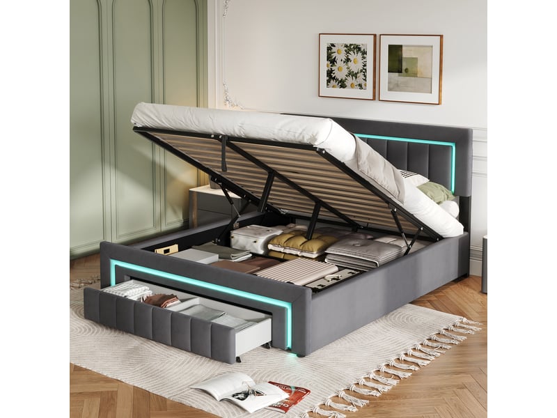 Lit coffre 140x200 cm avec led et tiroirs de rangement - boxspring, revêtement en velours gris foncé, structure métal et bois  - Conforama B