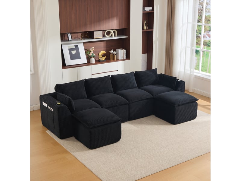 Canapé modulable 4 places modenvie avec 2 poufs, coussins et poches latérales, mousse et ressorts, velours côtelé noir, 322 x 161 x 75 cm - Conforama D