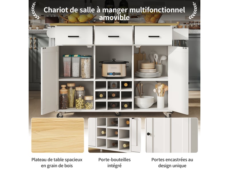  Îlot de cuisine 124x40x85.3cm, desserte avec 2 portes, 3 tiroirs, casier à vin, plateau pliable, mdf blanc  - Conforama B