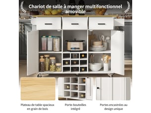 Îlot de cuisine 124x40x85.3cm, desserte avec 2 portes, 3 tiroirs, casier à vin, plateau pliable, mdf blanc