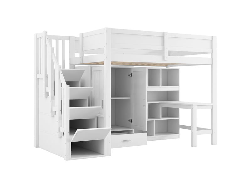  Lit mezzanine 90x200 cm blanc, avec bureau, rangements, placard, tiroir, escalier de rangement, led, sommier inclus, sans matelas  - Conforama D