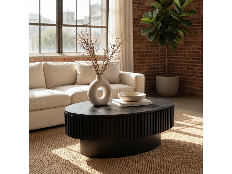Table basse ovale avec rangement caché sous plateau amovible, finition mate noire, en mdf plaqué bois, 98 × 60 × 35 cm - Conforama D