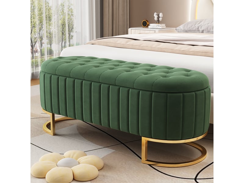  Banquette coffre 120 x 40 cm, coloris vert, tissu velours, rangement sous l'assise.  - Conforama C