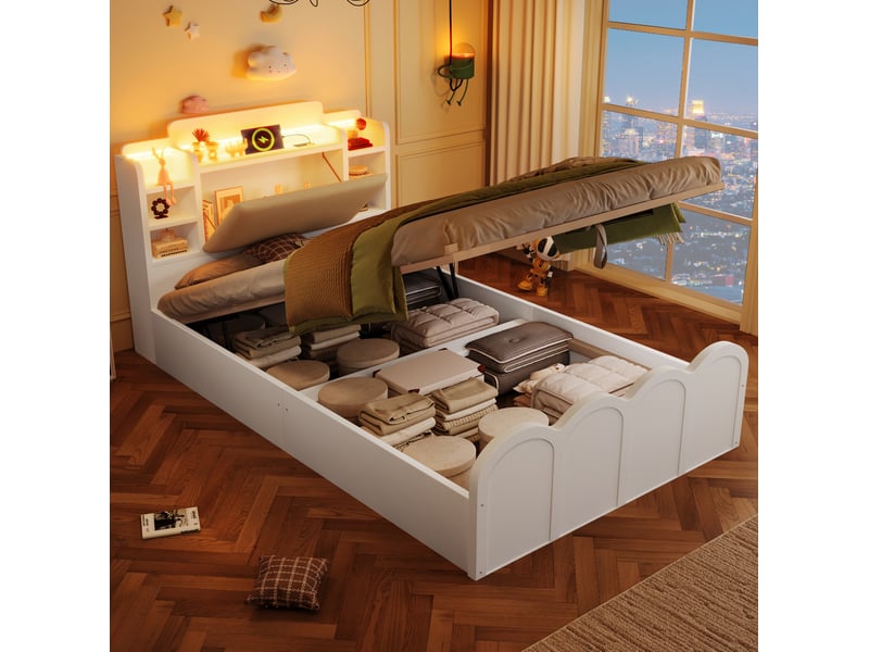  Lit enfant coffre 90x200 cm hydraulique en pin blanc avec led, usb et usb-c  - Conforama D