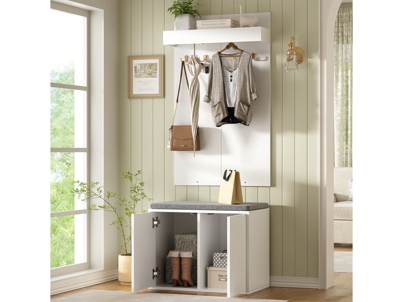  Vestiaire d'entrée 3 en 1 avec banc et meuble à chaussures, blanc, 60x35x145 cm  - Conforama D