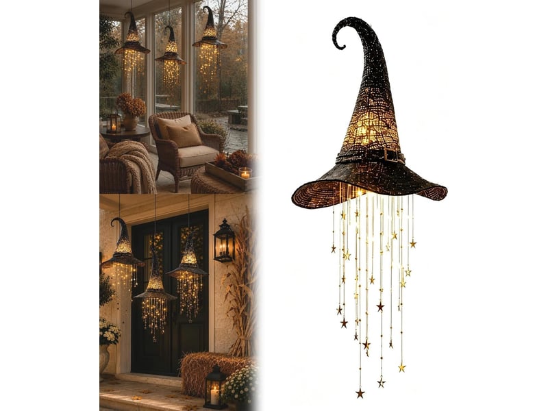 Décoration halloween suspendue, chapeau de sorcière lumineux led pour porche, entrée, terrasse, jardin et extérieur, long  - Conforama A
