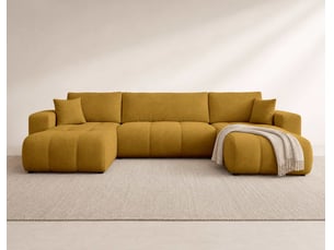 Canapé d'angle panoramique convertible BESTMOBILIER NICOLE 7 places Tissu jaune avec coffre de rangement