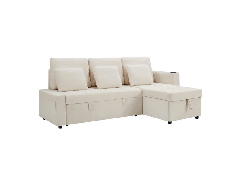  Canapé d’angle convertible en lit 201,3 cm 3 places avec méridienne coffre, porte-gobelet, étagère 2 niveaux, poches latérales, chenille beige  - Conforama A
